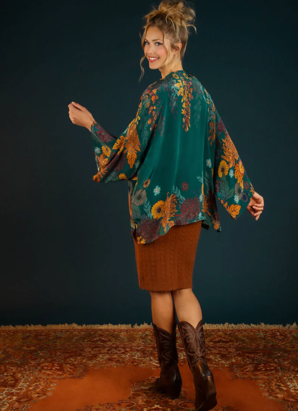 Powder Trailing Wisteria Kimono Jacket - Teal